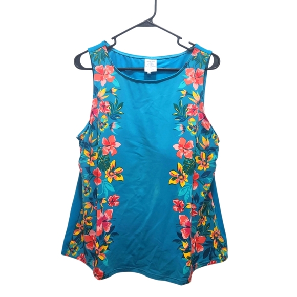 Lands End Turquiose Tropical Floral Tankini Swim Top Plus 18W Modest Beach *Flaw - Picture 1 of 6